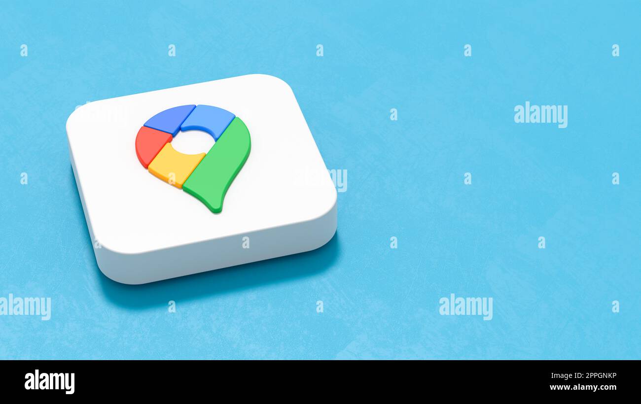 Icona Google Maps su sfondo blu con spazio copia Foto Stock