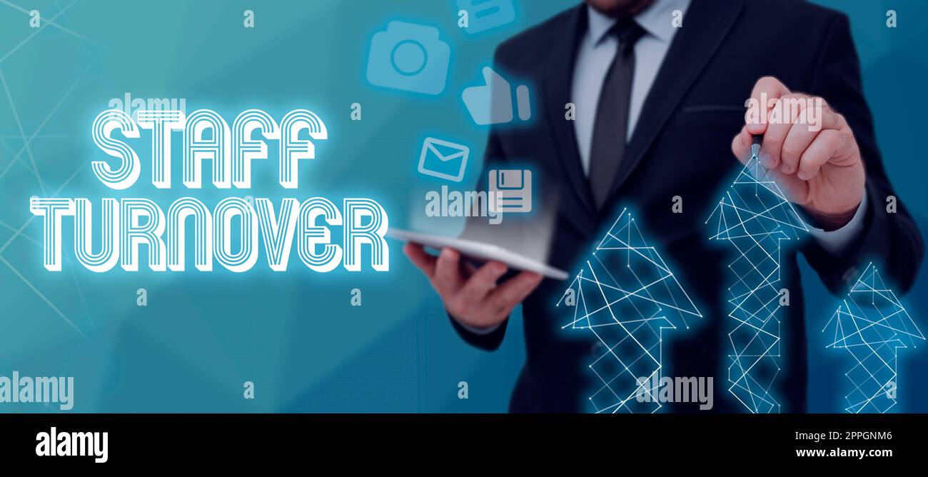 Didascalia di testo che presenta la rotazione del personale la percentuale di lavoratori sostituiti da nuovi dipendenti. Le aziende mostrano la percentuale di lavoratori sostituiti da nuovi dipendenti coppia di bolle vocali a forma ovale che rappresentano lo scambio di idee. Foto Stock
