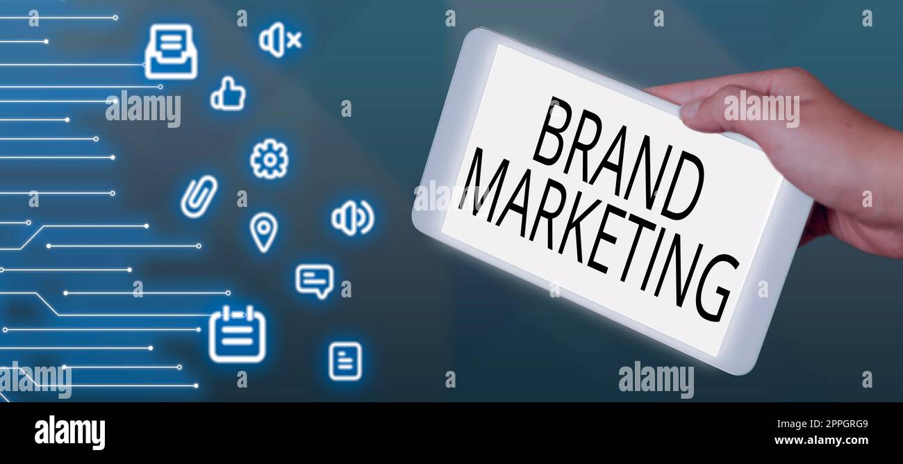 Cartellonistica che mostra il brand MarketingCreare consapevolezza sui prodotti in tutto il mondo. Vetrina aziendale per creare consapevolezza sui prodotti in tutto il mondo Foto Stock