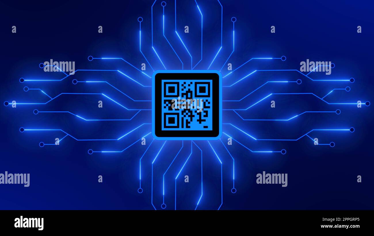 Immagine del codice QR tra le linee di collegamento delle informazioni nel mezzo sullo sfondo futuristico della tecnologia dei circuiti digitali Foto Stock