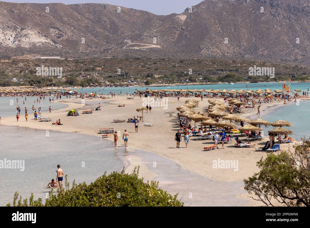 La gente si rilassa sulla famosa spiaggia di corallo rosa di Elafonisi a Creta Foto Stock