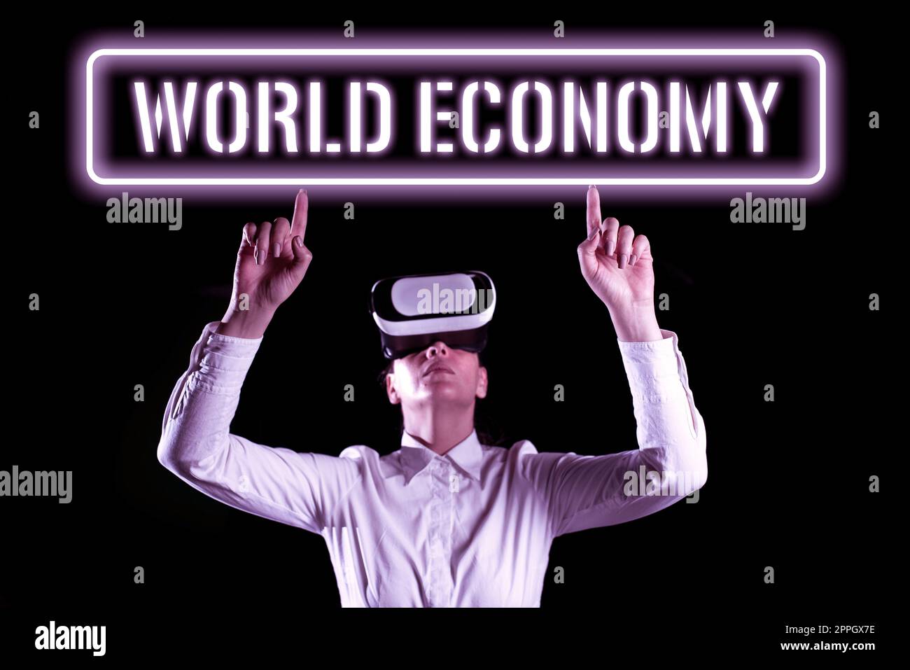 Didascalia di testo che presenta l'economia mondiale. Word for Global Worldwide International Markets Trade Money Exchange Foto Stock