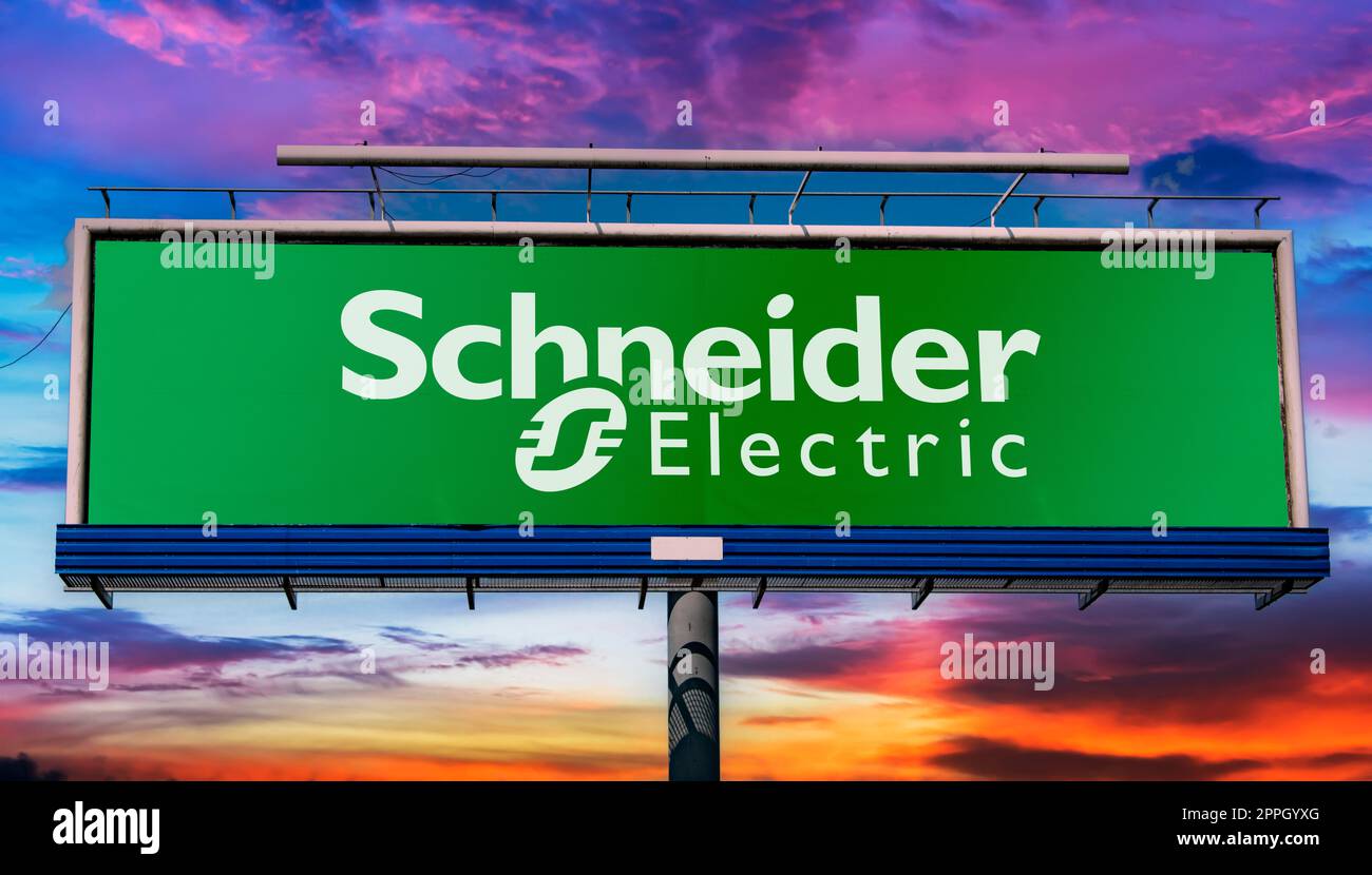 Cartellone pubblicitario con logo Schneider Electric Foto Stock