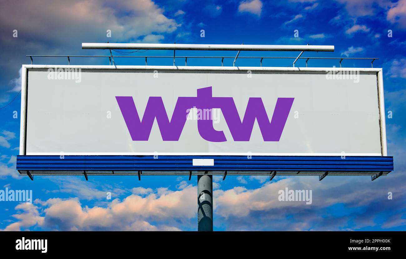 Cartellone pubblicitario con il logo di Willis Towers Watson Foto Stock