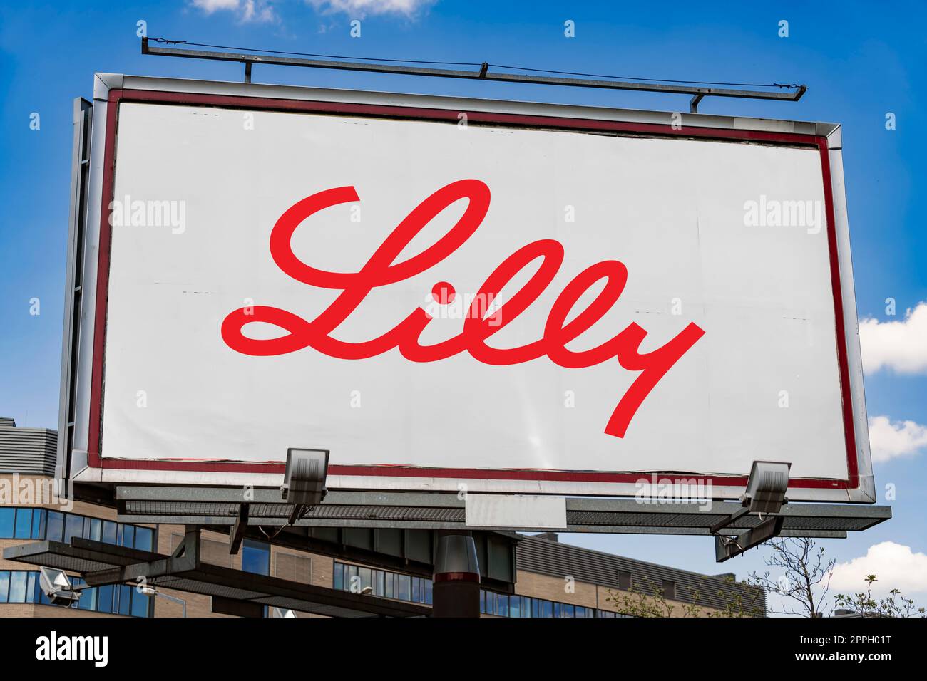 Cartellone pubblicitario con logo di Eli Lilly and Company Foto Stock