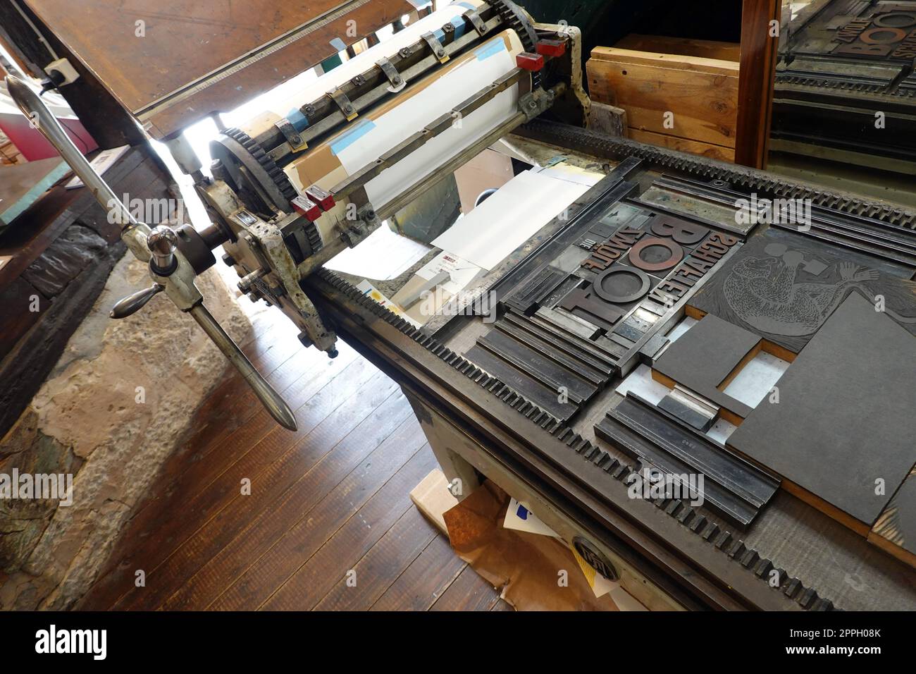 historische, mechanische Druckpresse Foto Stock