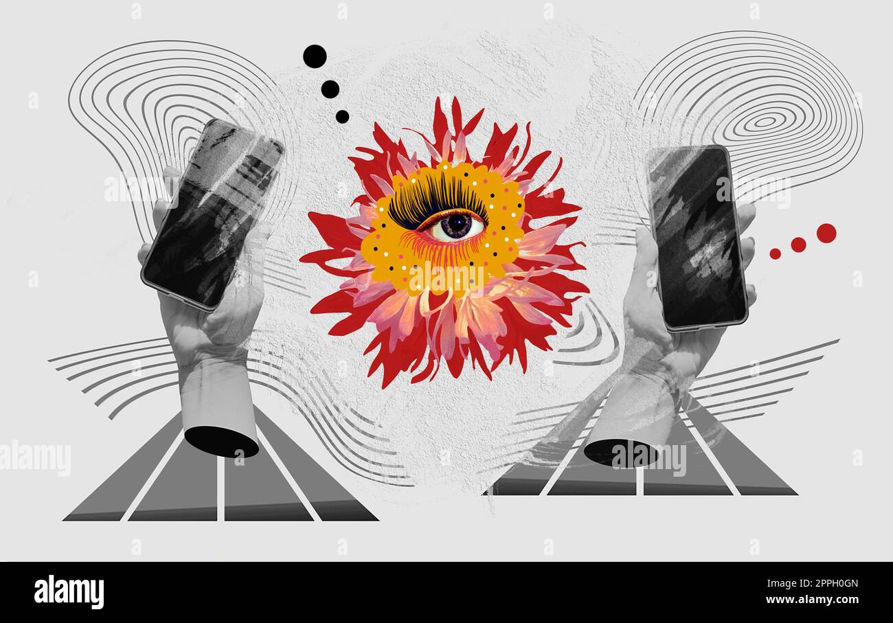 Buone notizie. Design contemporaneo alla moda in stile rivista e pop art. Mani umane con telefoni astratti nei palmi. Bulbo oculare in fiore. Foto Stock