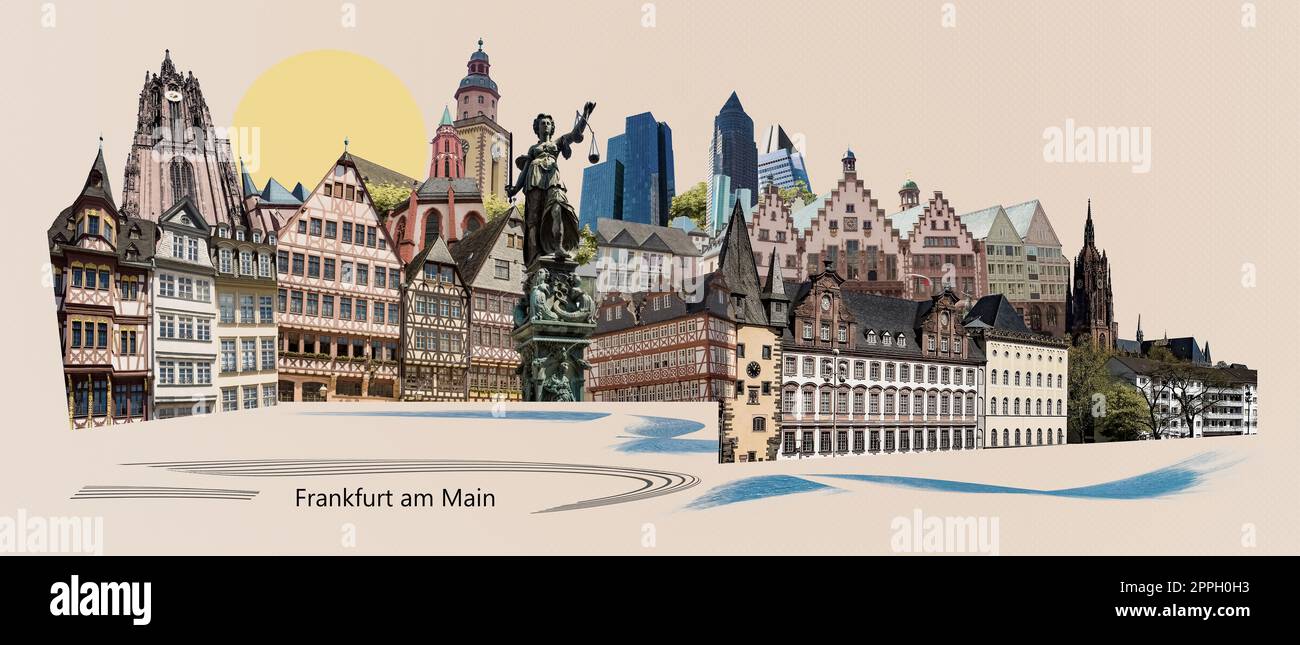 Collage di monumenti della città di Francoforte sul meno, Germania - collage di arte retrò creativa contemporanea o design - concetto di viaggio Foto Stock