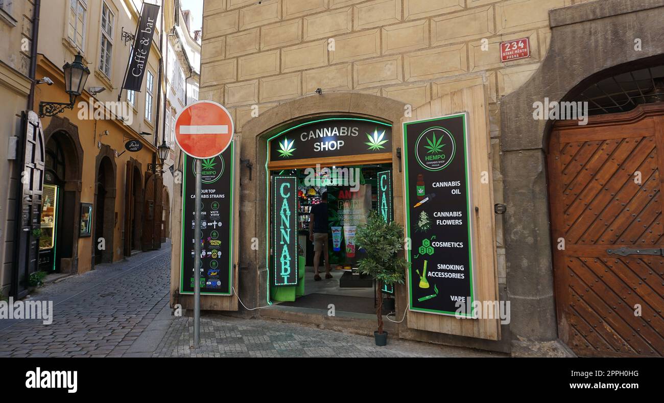 Praga, Repubblica Ceca - 11 maggio 2022: Bush cannabis all'ingresso del negozio. Foto Stock