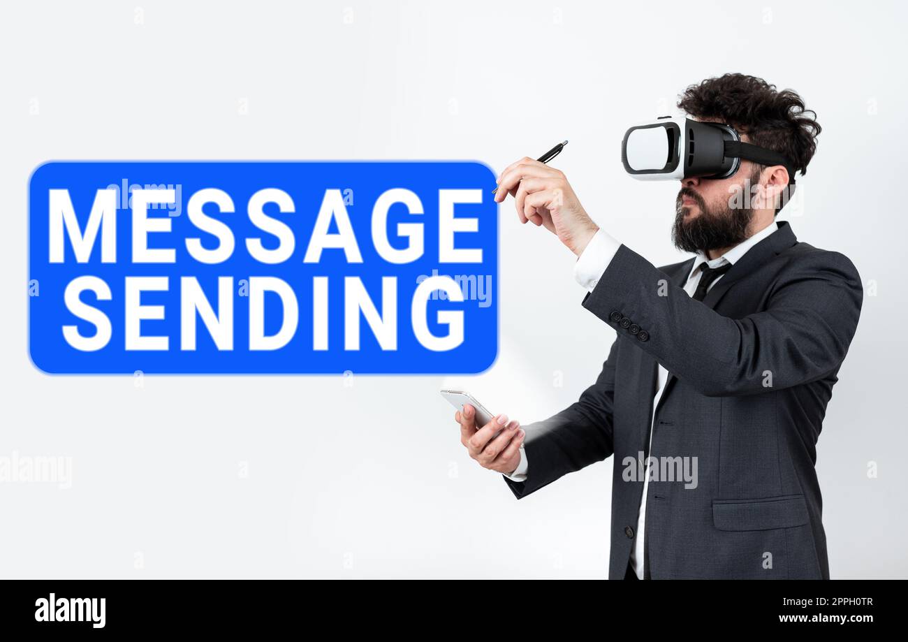 Didascalia di testo che presenta l'invio dei messaggi. La parola scritta sopra per trasmettere o comunicare uno s è sensibilità o desideri Foto Stock
