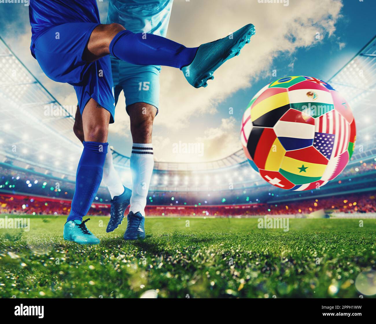Coppa del mondo con giocatori di calcio in competizione allo stadio Foto Stock