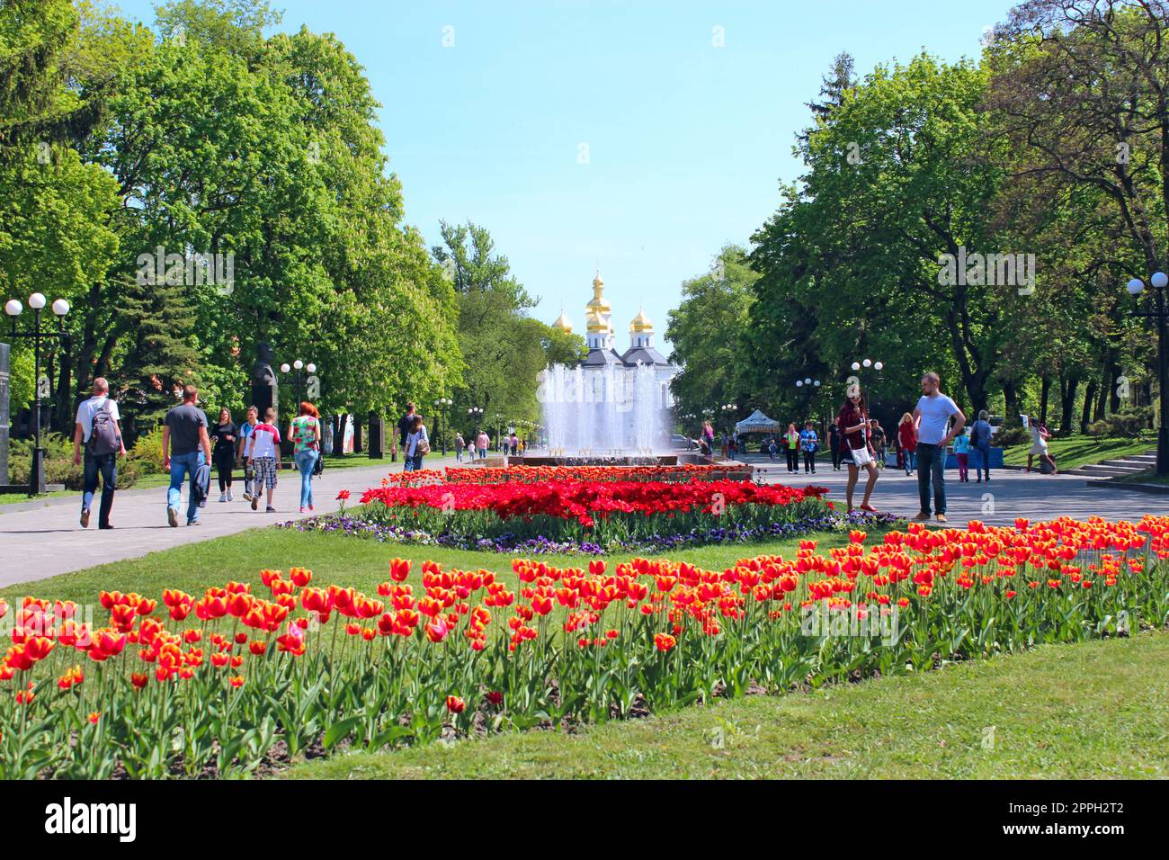 la gente si riposa nel parco cittadino con i tulipani. Splendido paesaggio urbano Foto Stock
