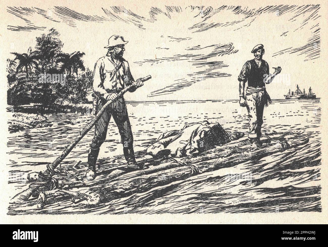 Gli uomini galleggiano su una zattera sul fiume. Vecchia illustrazione in bianco e nero. Disegno vintage. Illustrazione di Zdenek Burian Foto Stock