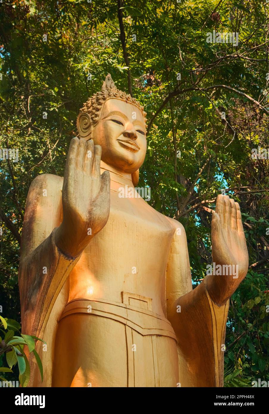 Statua dorata di Buddha in piedi nella giungla, sulla strada per la cima del Monte Phou si, una montagna sacra a Luang Prabang, Laos. Foto Stock