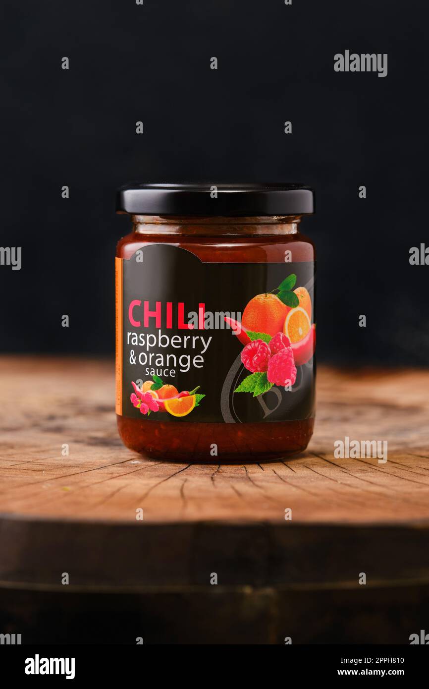 Salsa di peperoncino, lamponi e arancia Foto Stock