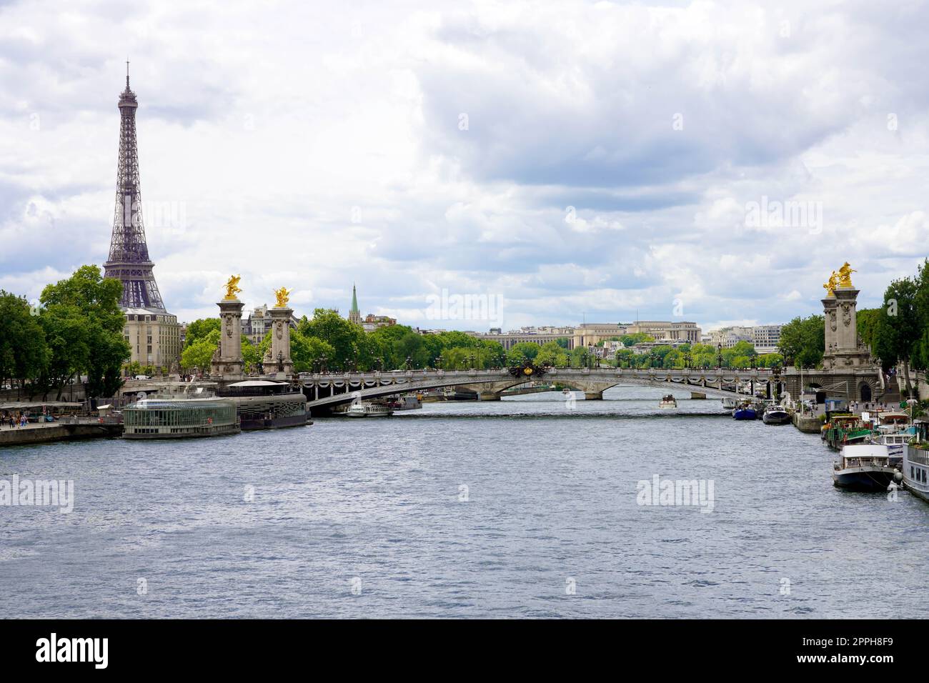 Senna con il Ponte Alexandre III e la Torre Eiffel a Parigi, Francia Foto Stock