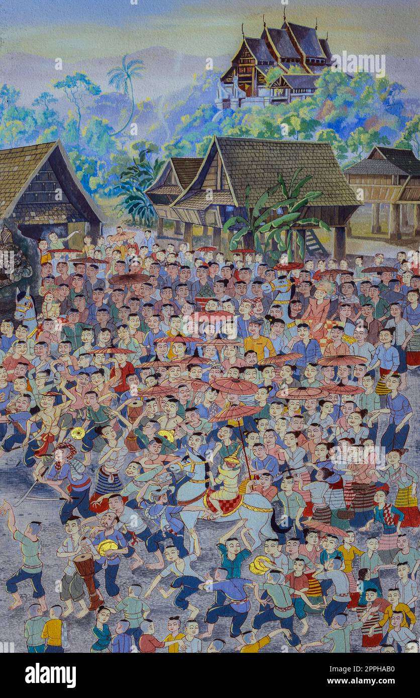 Antica pittura murale in stile Lanna tailandese della cerimonia di ordinazione novizia buddista (festival Poy Sang Long) Foto Stock
