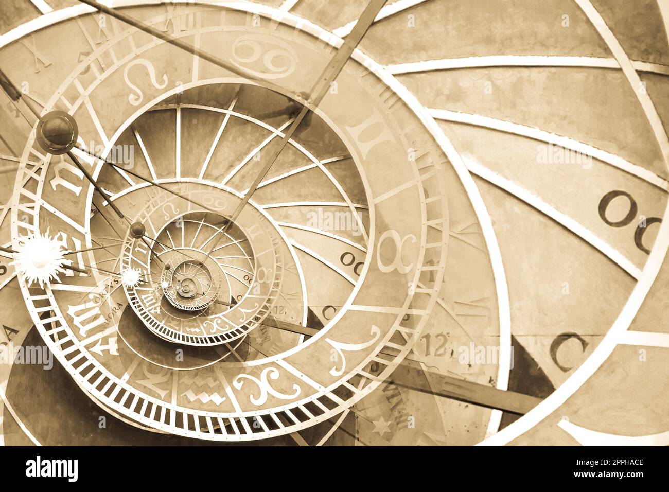 Sfondo effetto Droste basato sull'orologio astronomico di Praga. Disegno astratto per concetti legati all'astrologia e alla fantasia. Foto Stock