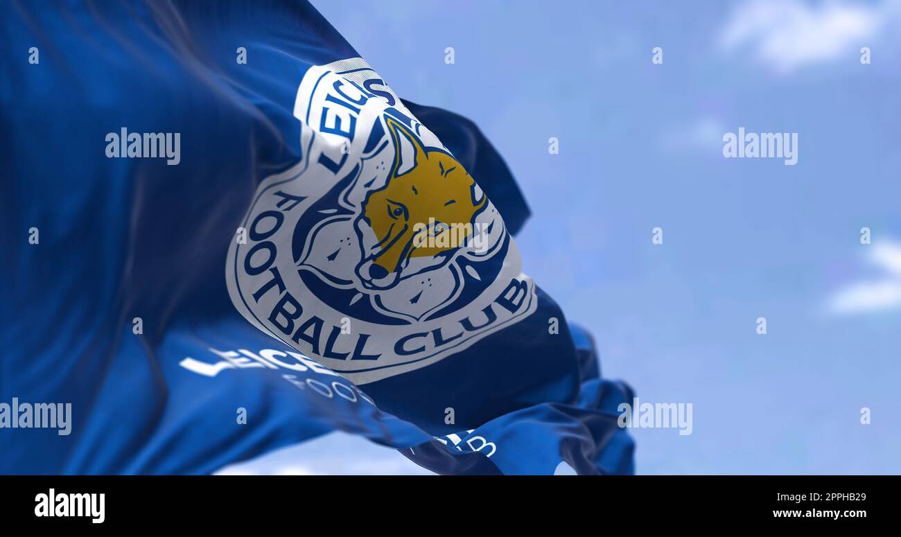 Vista ravvicinata della bandiera del Leicester City Football Club Foto Stock