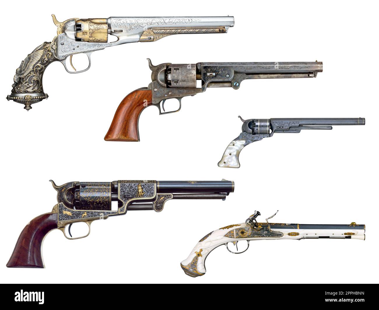 Vecchie pistole e pistole occidentali isolate Foto Stock