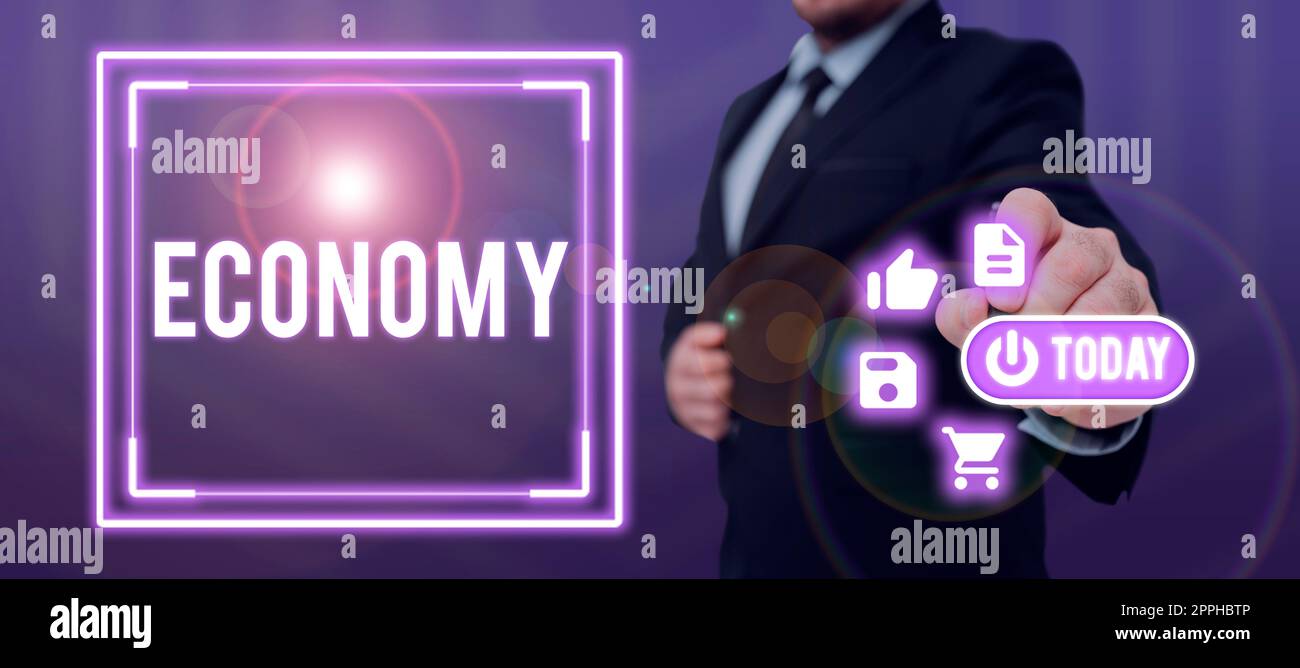 Cartello di testo che mostra Economia. Business Concept il sistema di come il denaro viene fatto e utilizzato all'interno di un determinato paese Foto Stock