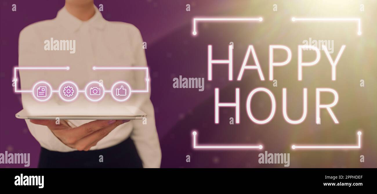 Testo che mostra l'ispirazione Happy Hour. Vetrina di business trascorrere del tempo per le attività che ti rende rilassante per un po 'di tempo Foto Stock