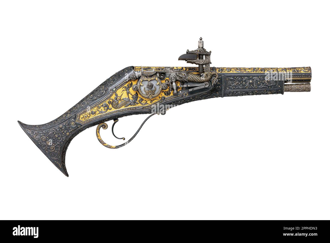 Vecchia pistola a forma di volano del XVII secolo isolata Foto Stock