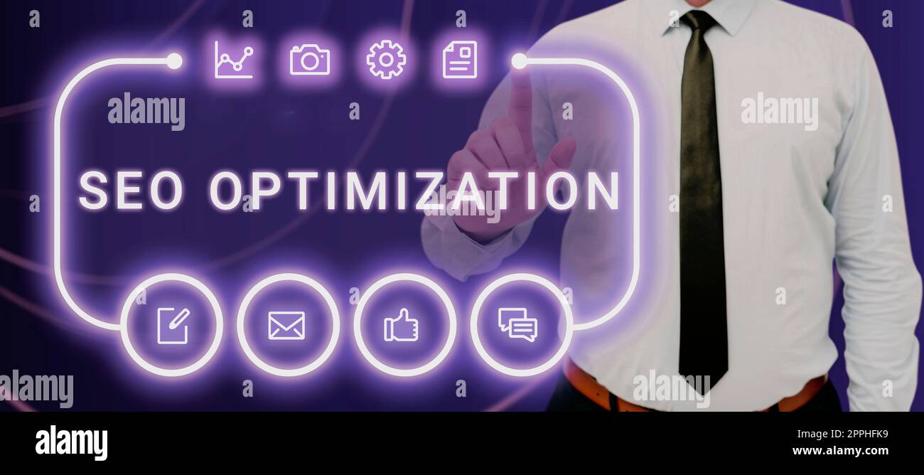 Didascalia di testo che presenta l'ottimizzazione Seo. La fotografia concettuale si occupa di mediare tra le esigenze del cliente e l'intento strategico dell'azienda Foto Stock