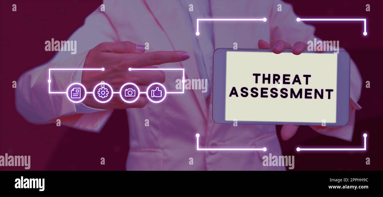 Didascalia di testo che presenta la valutazione delle minacce. Parola scritta sulla determinazione della gravità di una potenziale minaccia Foto Stock