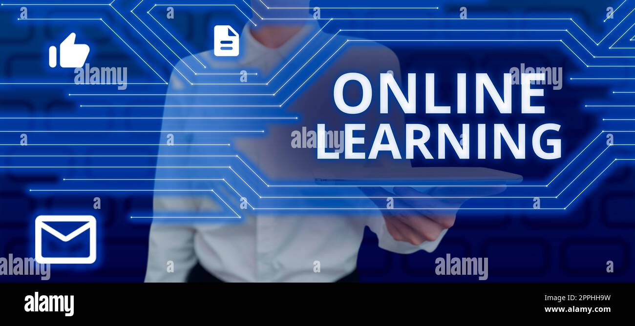 Testo che mostra l'ispirazione per l'apprendimento online. Concetto di Internet Larning con l'assistenza di Internet e di un computer Foto Stock
