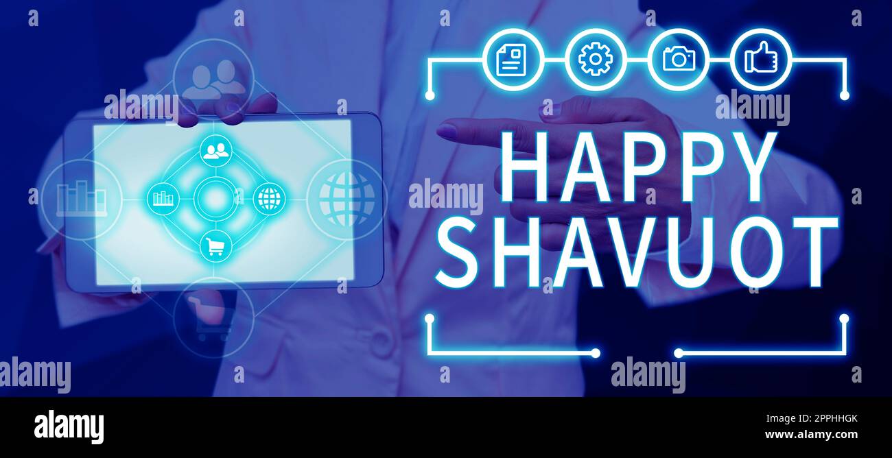 Didascalia di testo che presenta Happy Shavuot. Vetrina d'affari festa ebraica commemorativa della rivelazione dei dieci Comandamenti Foto Stock