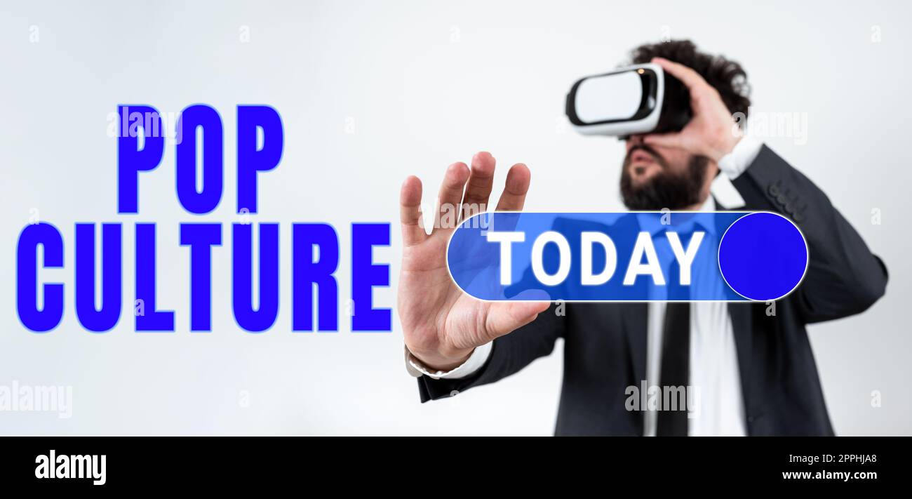 Didascalia di testo che presenta la cultura pop. La vetrina aziendale descrive lo stile di vita e i gusti della maggior parte delle persone più giovani Foto Stock