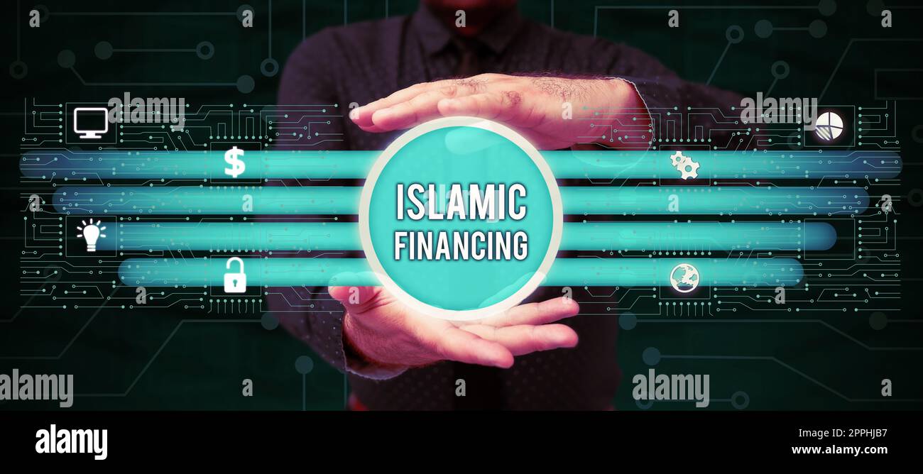 Cartello con il finanziamento islamico. Panoramica aziendale attività bancaria e investimenti conformi alla sharia Foto Stock