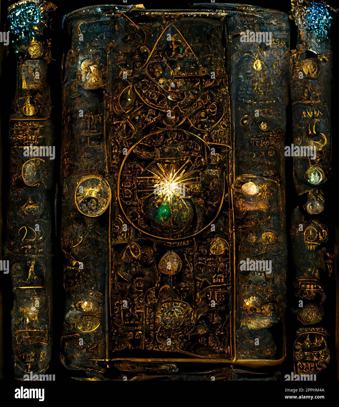 Libro antico con incantesimi e rune incandescenti. Concetto occulto, Esoterico, Divinazione e Wicca. Halloween sfondo vintage Foto Stock
