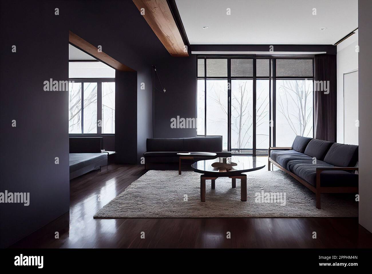 Ampio soggiorno moderno a due luci con finestre a tutta altezza Foto Stock
