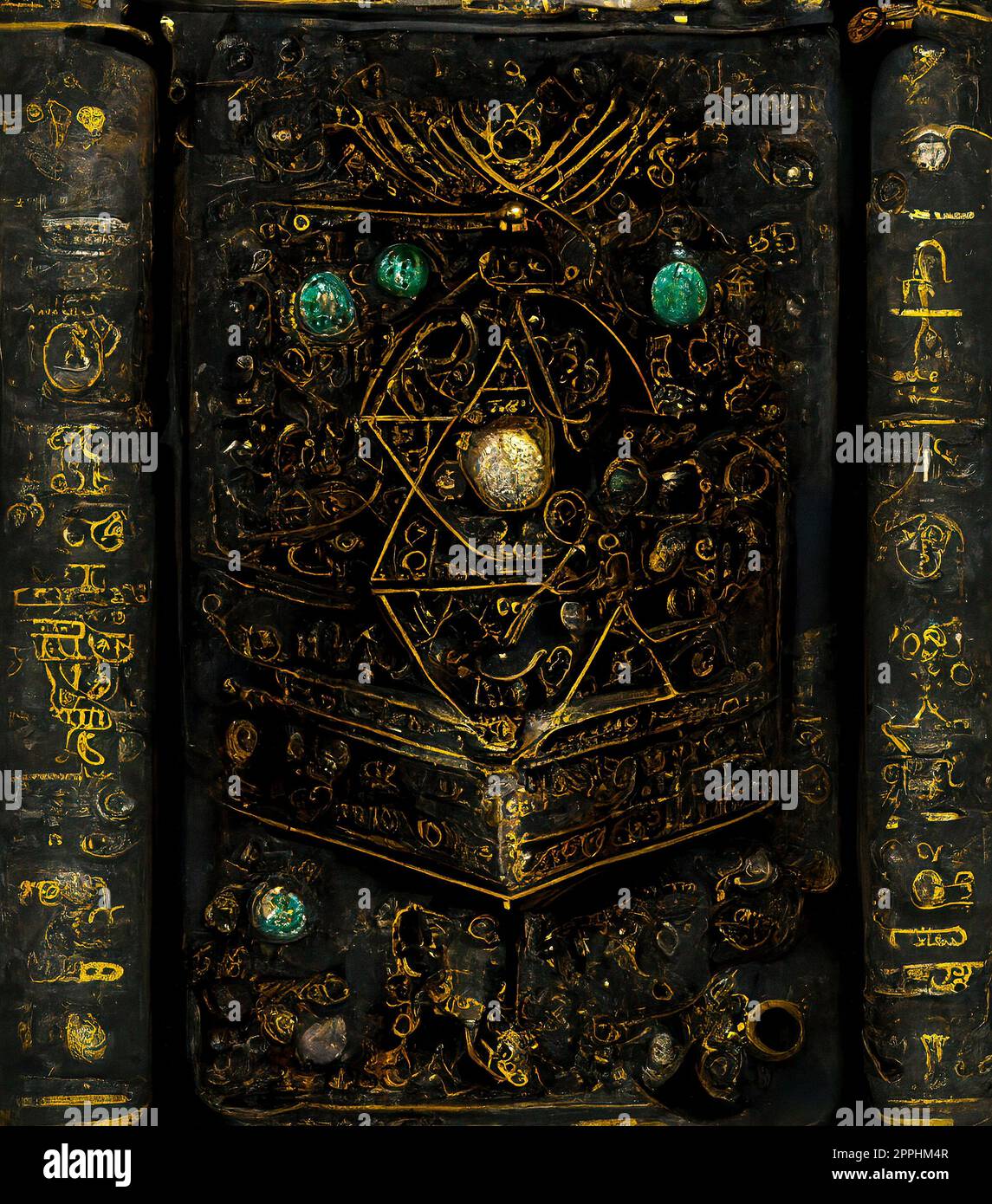 Libro antico con incantesimi e rune incandescenti. Concetto occulto, Esoterico, Divinazione e Wicca. Halloween sfondo vintage Foto Stock