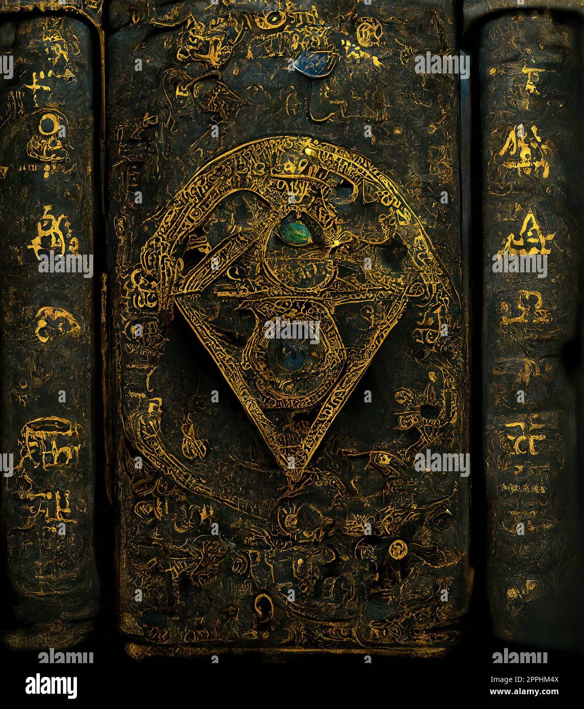 Antico Libro Magico con incantesimi e rune incandescenti. Concetto occulto, Esoterico, Divinazione e Wicca. Halloween sfondo vintage Foto Stock