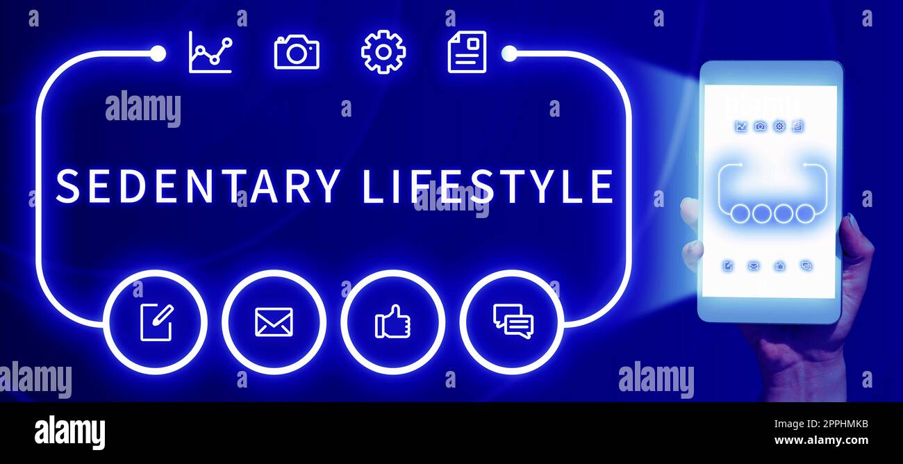 Didascalia concettuale stile di vita sedentario. Parola scritta su modi e mezzi di vita coinvolti in molto seduta e attività fisica bassa Foto Stock
