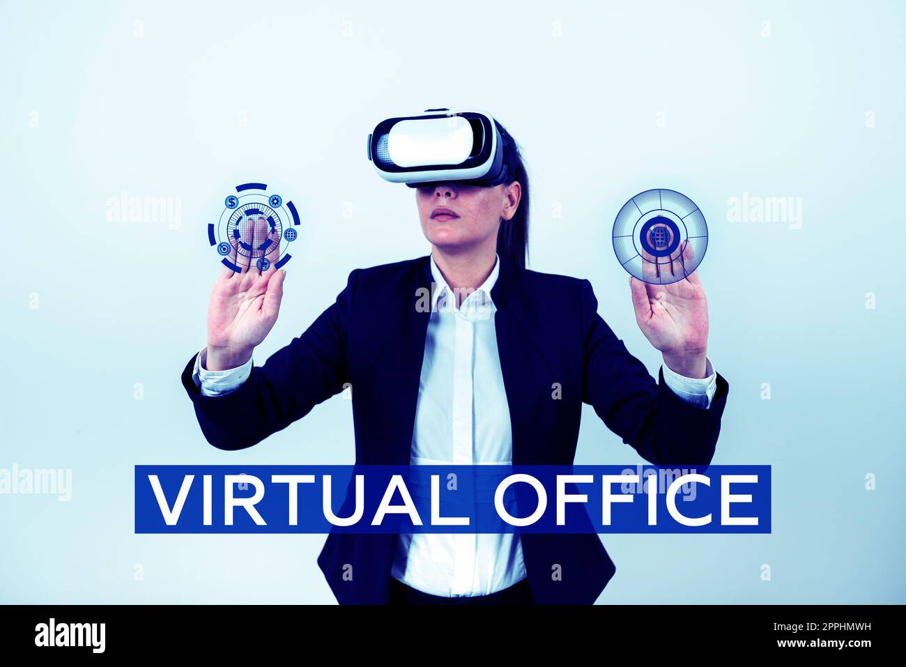 Scrittura visualizzazione testo Virtual Office. Panoramica aziendale ambiente di lavoro mobile dotato di collegamenti di telecomunicazione Foto Stock