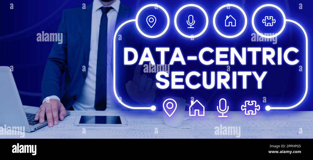 Simbolo di testo che mostra la sicurezza basata sui dati. La parola scritta su coinvolge i valori recuperati dal database dal Web Foto Stock