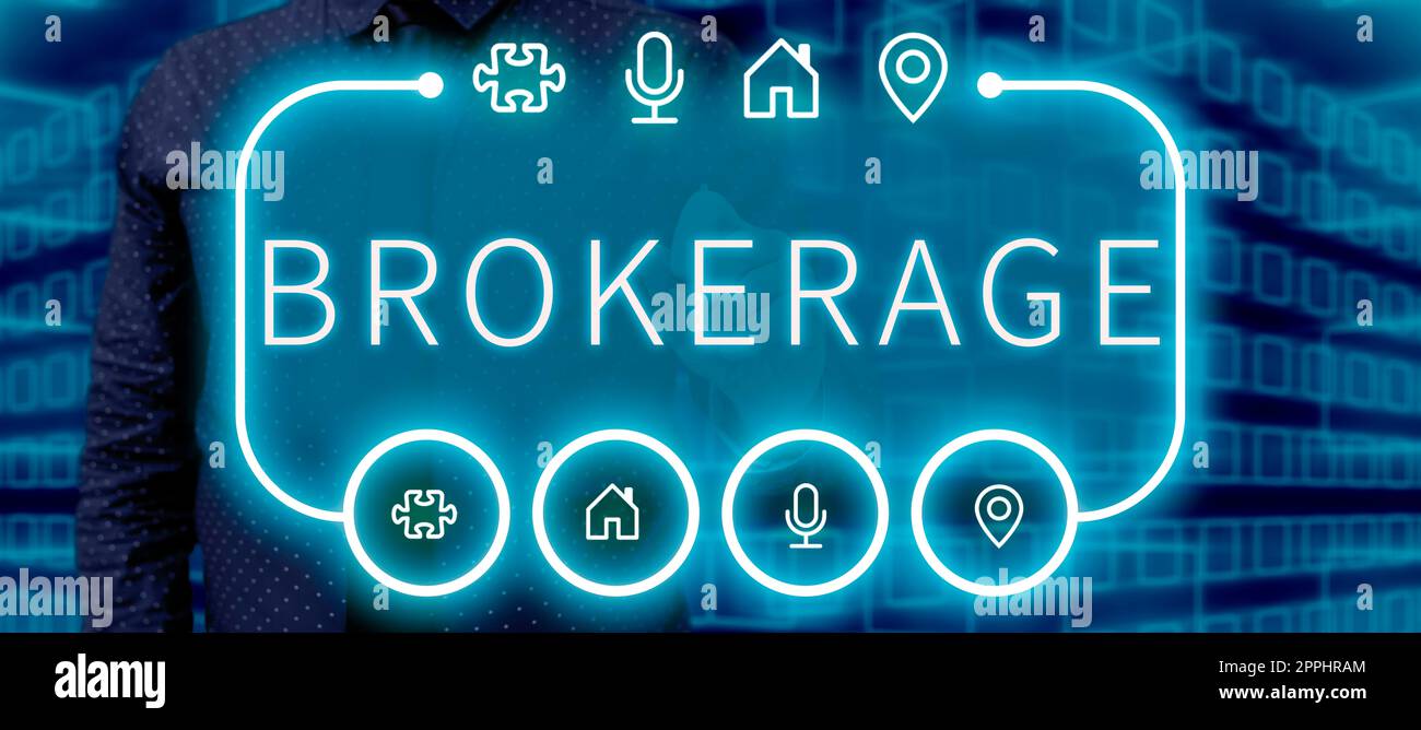 Scrittura visualizzazione testo Brokerage. La parola scritta sopra serve come agente o intermediario fidato nelle negoziazioni commerciali Foto Stock