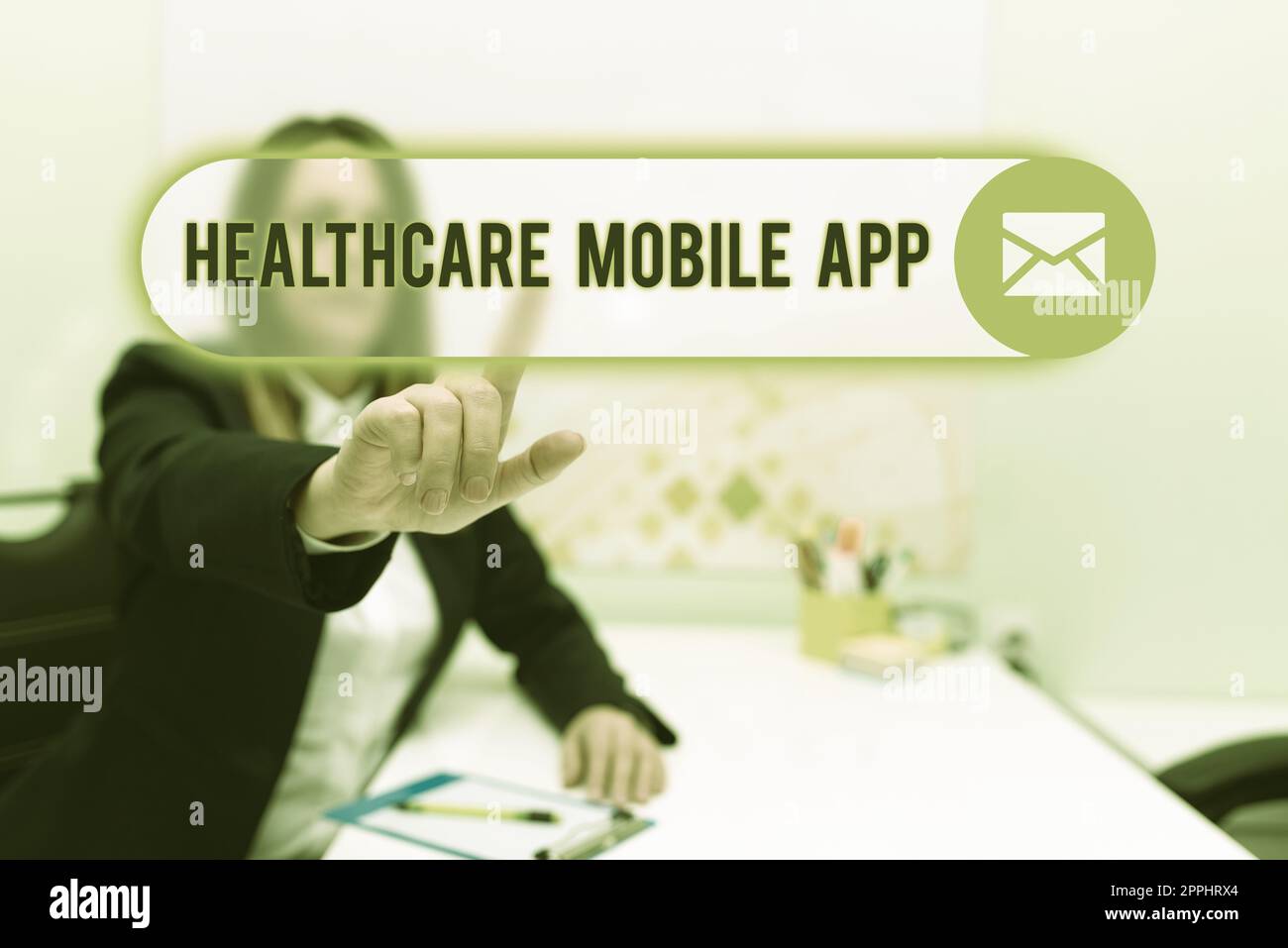 Testo scritto a mano Healthcare Mobile App. Parola scritta su programma di applicazione che offrono servizi healthrelated Foto Stock