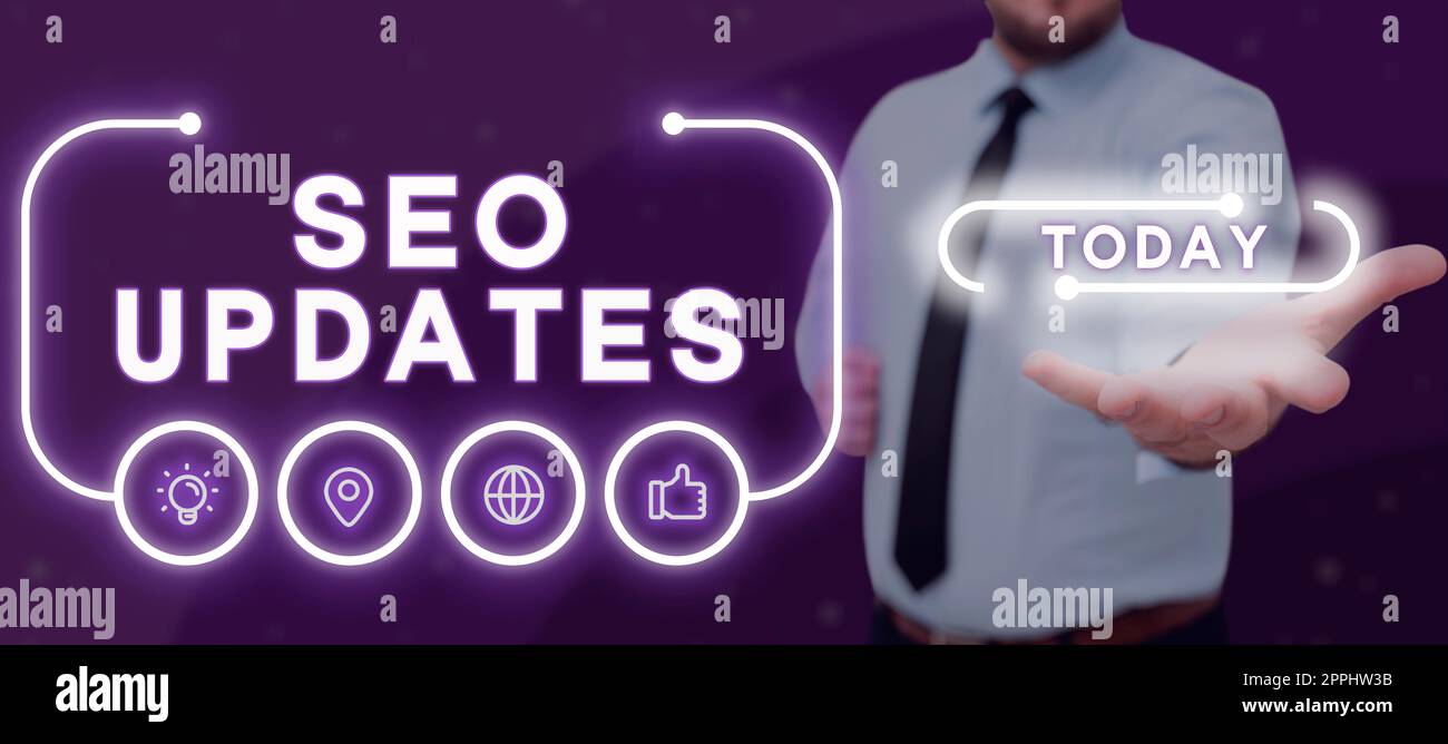Ispirazione che mostra il segno Seo aggiornamenti. Parola scritta sulle nuove informazioni o sul disegno nell'ottimizzazione di Search Engine Foto Stock