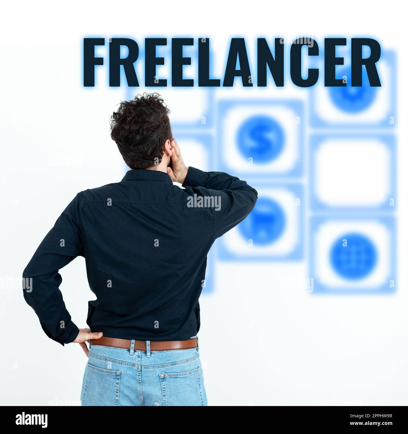 Scrittura a mano segno Freelancer. Concetto aziendale una persona che agisce in modo indipendente senza essere affiliata a un'organizzazione Foto Stock