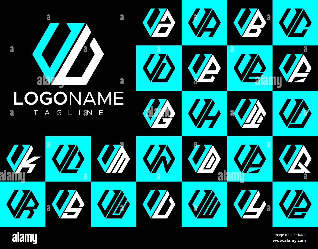 Set di logo con lettera V esagonale. Moderno modello di logo lettera V. Illustrazione Vettoriale