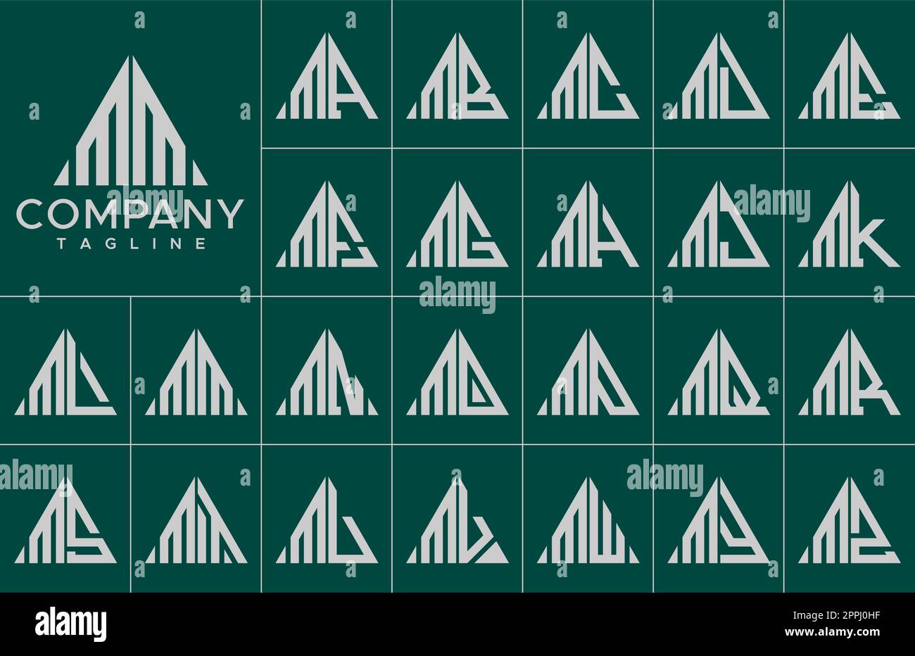 Moderno set di modelli con logo M con lettera triangolare. Riga semplice M logo iniziale. Illustrazione Vettoriale