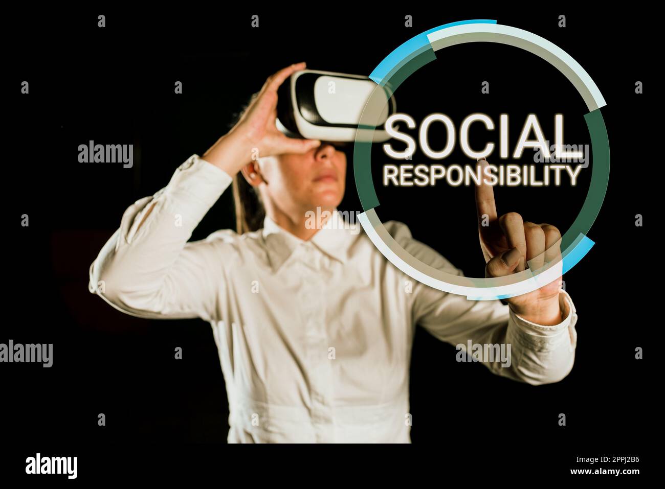 Visualizzazione concettuale responsabilità sociale. Panoramica delle imprese obbligo a beneficio dell'equilibrio della società nella vita Foto Stock
