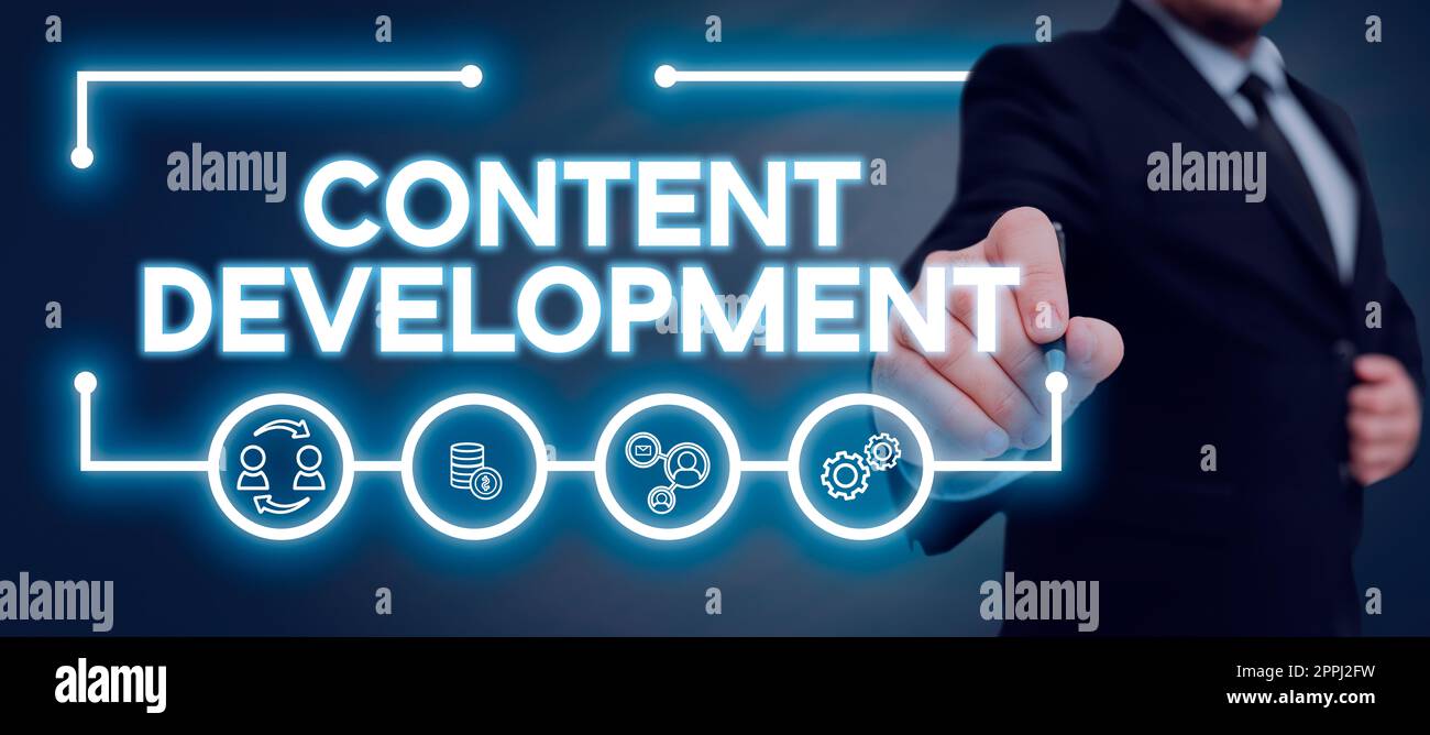 Testo che mostra l'ispirazione per lo sviluppo di contenuti. Panoramica aziendale interazione tra cliente soddisfatto e uomo dell'organizzazione con Una penna che punta sui simboli digitali che mostrano idee creative. Foto Stock