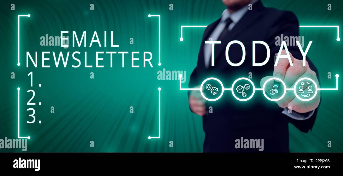 Scrittura visualizzazione di testo e-mail Newsletter. Approccio aziendale che fornisce ai dipendenti le informazioni di cui hanno bisogno per avere successo l'uomo con Una penna che punta sui simboli digitali che mostrano idee creative. Foto Stock