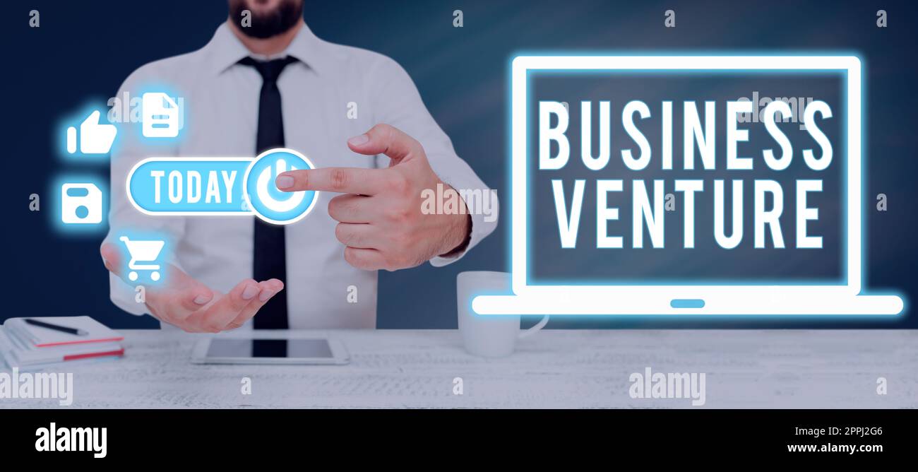 Cartello con indicazione Business Venture. Foto concettuale la gestione dell'assistenza medica fornita a un paziente oncologico uomo che presenta grafici multipli e punta sul pulsante di accensione. Foto Stock